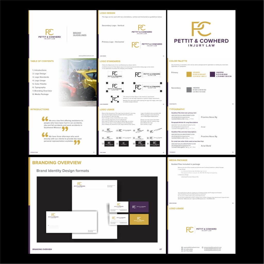 Portfolio: Pettit & Cowherd Injury Law - branding - Brand Guideline - Logo design - Identity Design - Business Card Design - Stationary Design