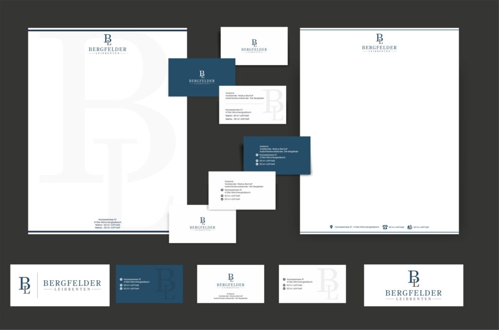 Portfolio: Bergfelder Leibrenten AG - branding - Brand Guideline - Logo design - Identity Design - Business Card Design - Stationary Design