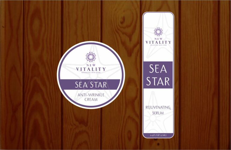 Portfolio: New Vitality advanced skin care, Sea Star, Anti wrinkle cream - Sticker design - Label Design- Packaging Design - branding - Graphic Design - Print Design - Stationary Design